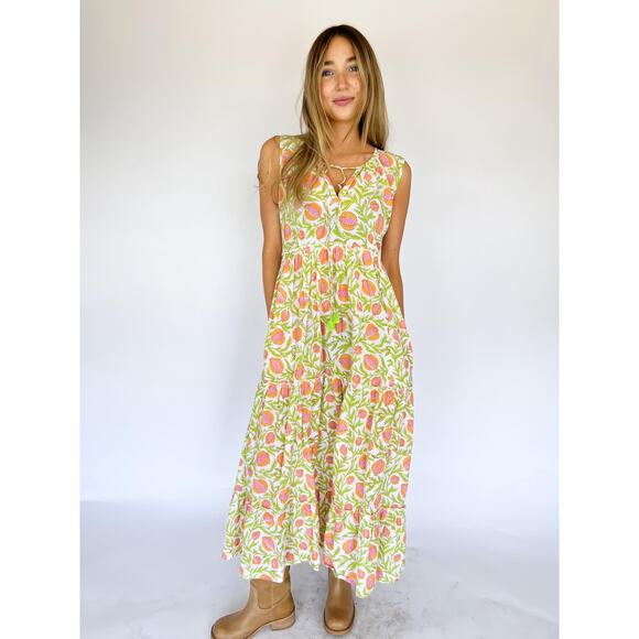 Vintage Dresses & Skirts - VTG 70s Boho Prairie Maxi Dress – Sleeveless Cotton Pomegranate Print, Hippie
